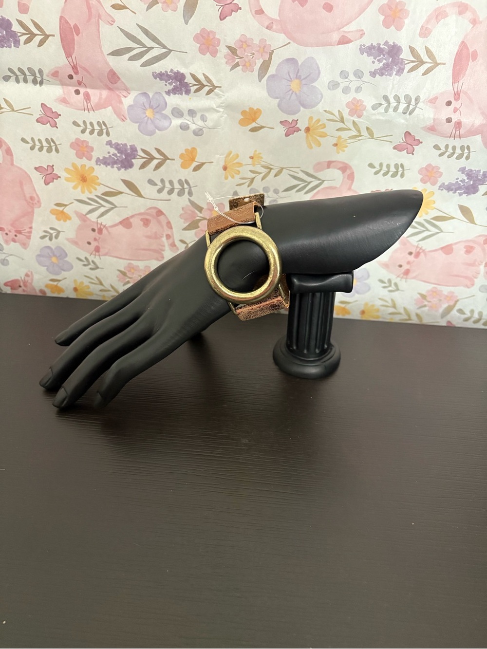 Angelus Collection brown vegan leather strap burnished gold tone circle. NWT